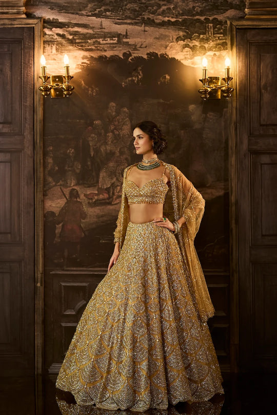 Seema Gujral - Gold Sequin &amp; Crystal Lehenga Set