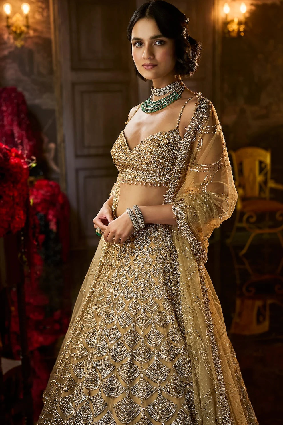Seema Gujral - Gold Sequin &amp; Crystal Lehenga Set