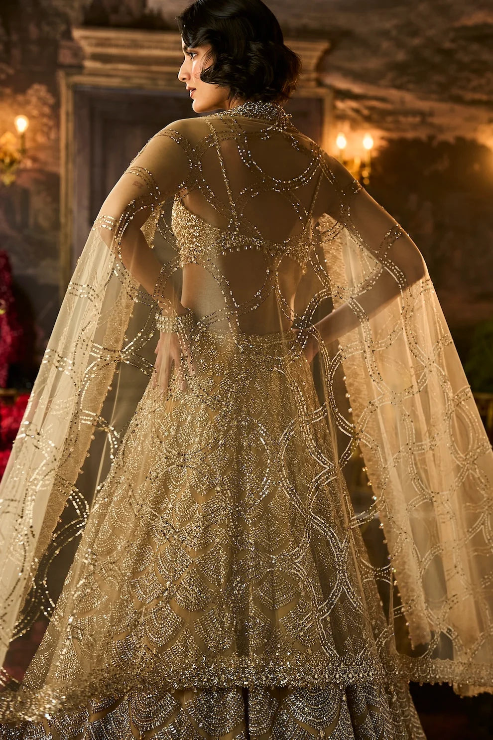Seema Gujral - Gold Sequin &amp; Crystal Lehenga Set