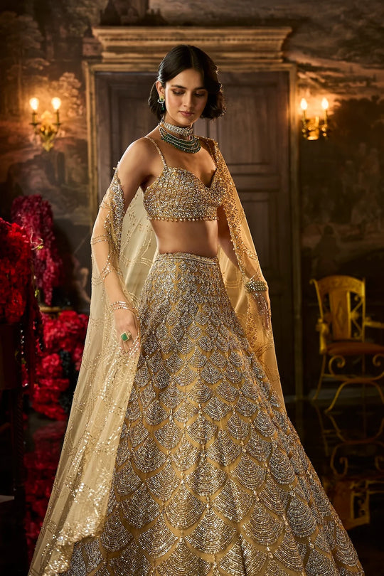 Seema Gujral - Gold Sequin &amp; Crystal Lehenga Set