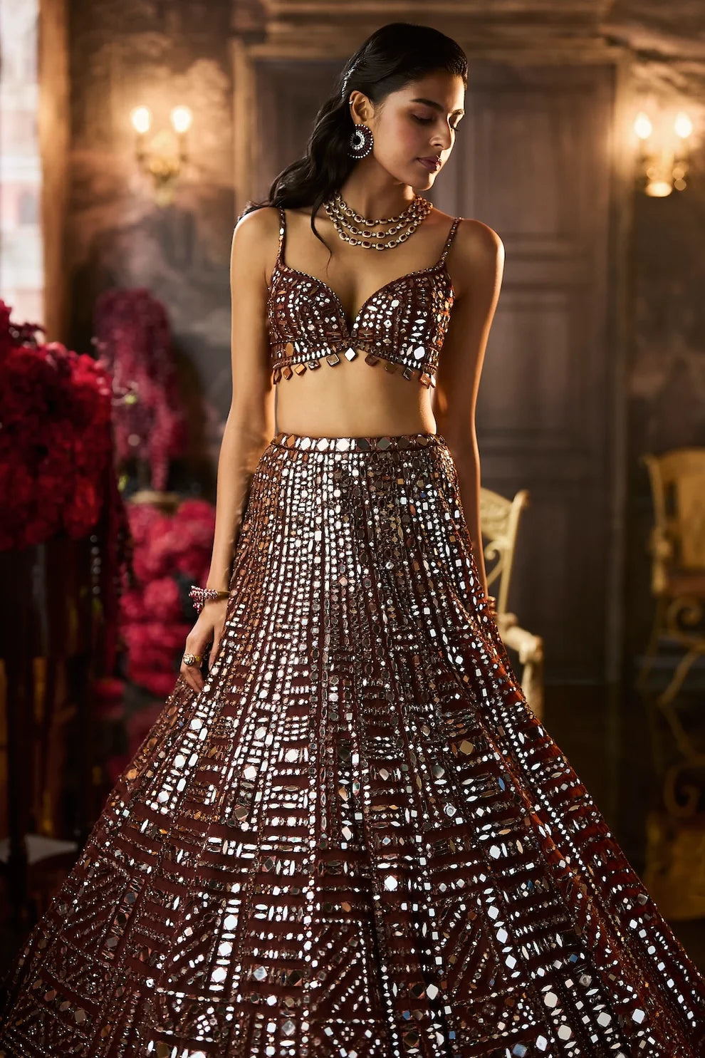 Seema Gujral - Copper Brown Mirror Work Lehenga Set