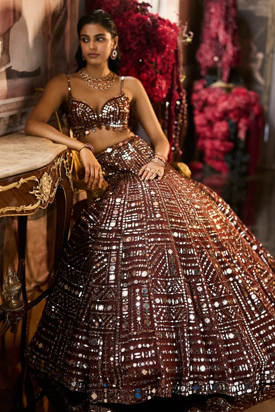 Seema Gujral - Copper Brown Mirror Work Lehenga Set