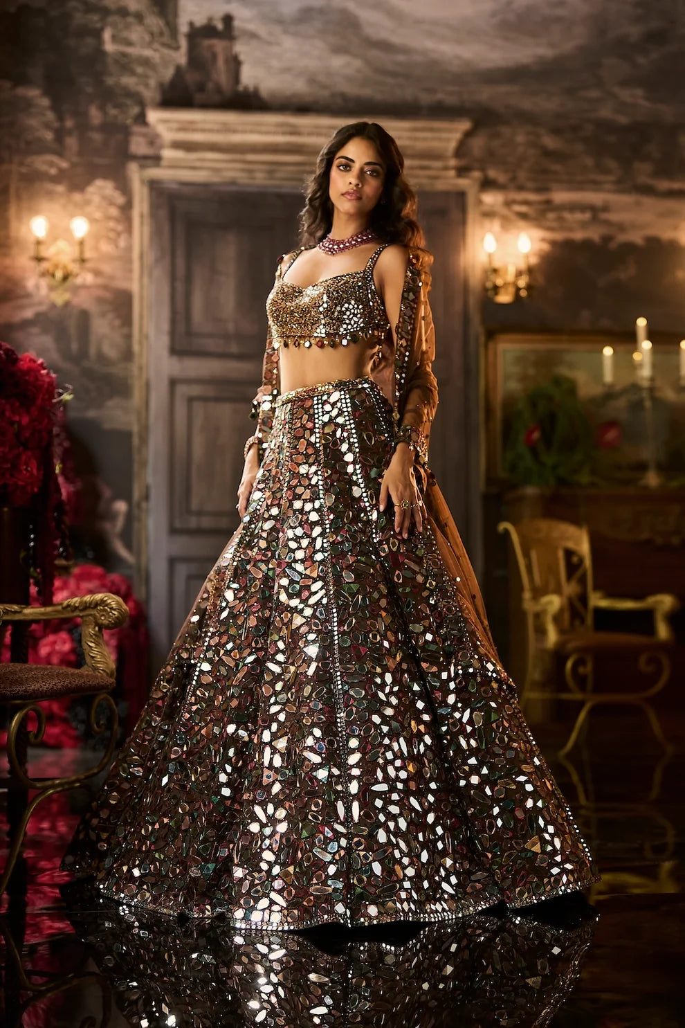 Seema Gujral - Multi-Coloured Mirror Work Lehenga Set