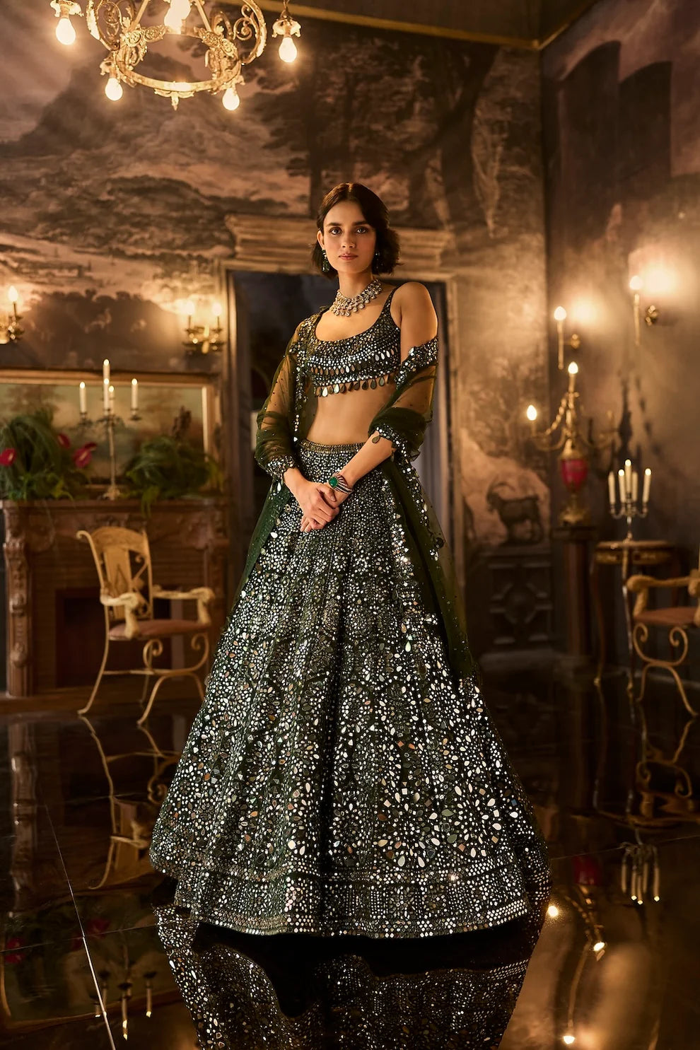 Seema Gujral - Dark Green Mirror Work Lehenga Set