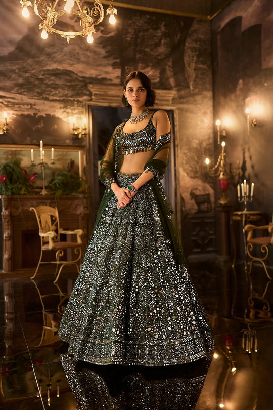Seema Gujral - Dark Green Mirror Work Lehenga Set