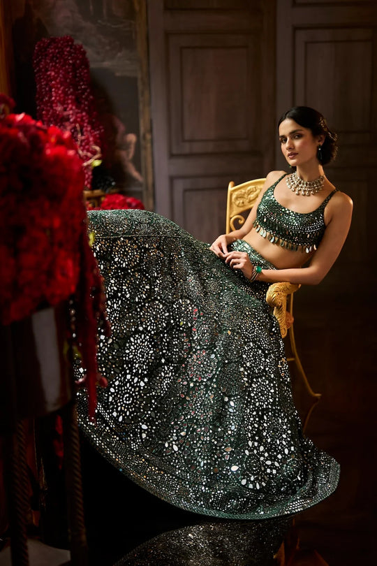 Seema Gujral - Dark Green Mirror Work Lehenga Set