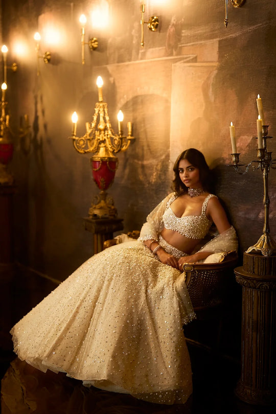 Seema Gujral - Butter Cream Pearl Lehenga Set