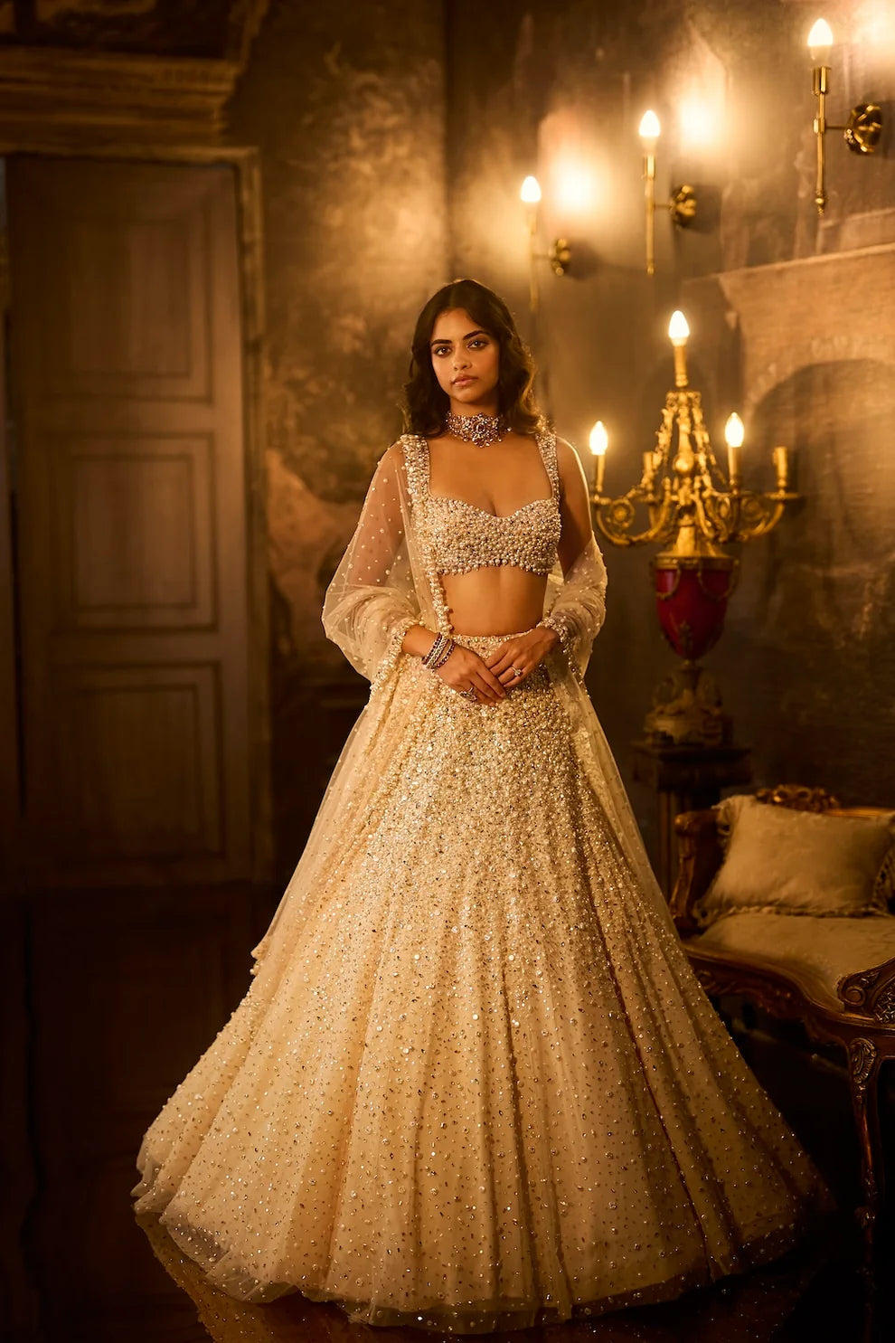 Seema Gujral - Butter Cream Pearl Lehenga Set