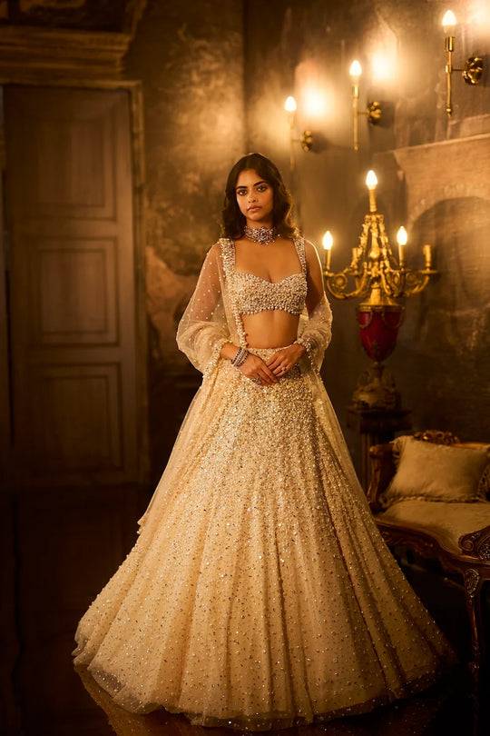 Seema Gujral - Butter Cream Pearl Lehenga Set