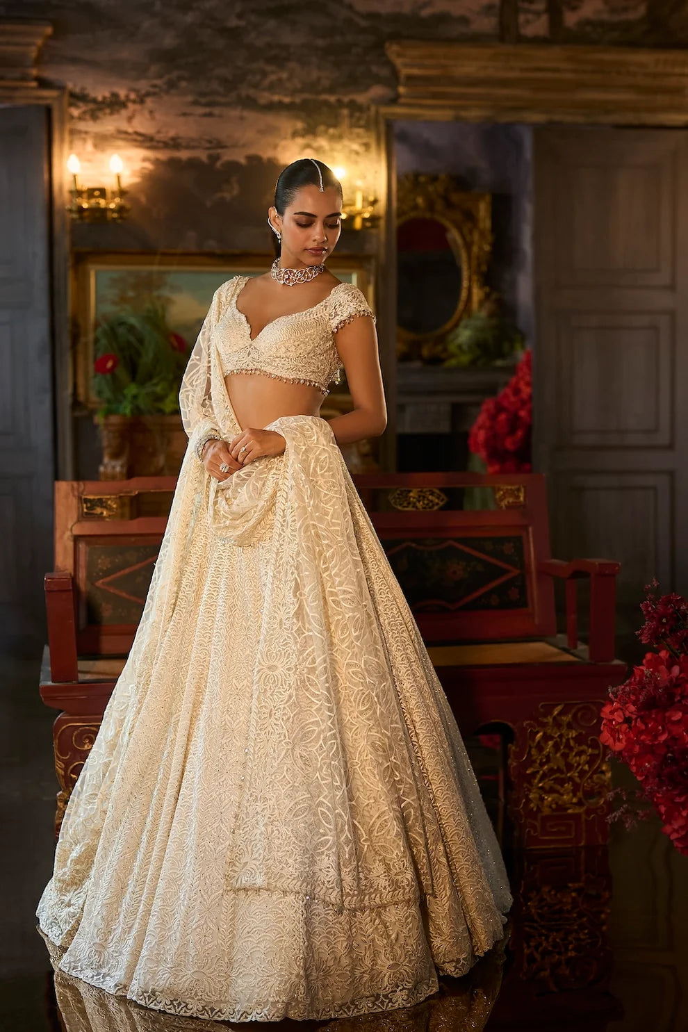 Seema Gujral - Ivory Crystal Lehenga Set