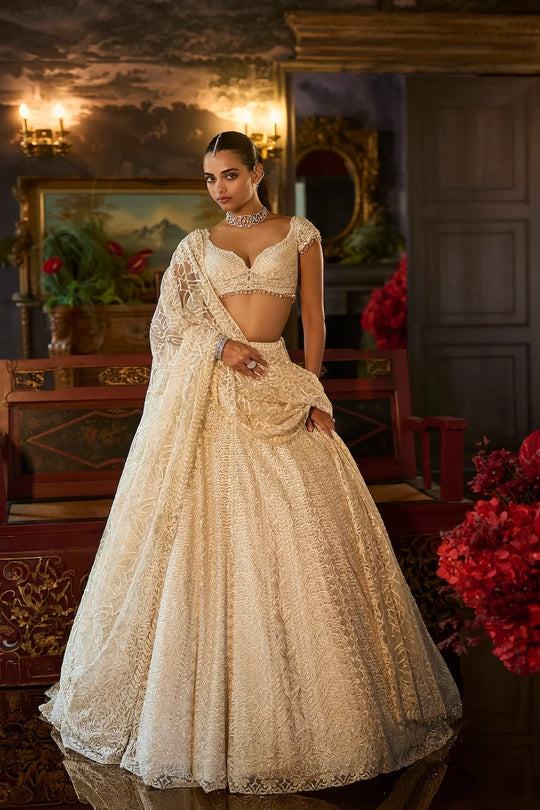 Seema Gujral - Ivory Crystal Lehenga Set