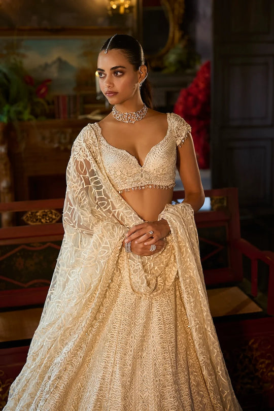 Seema Gujral - Ivory Crystal Lehenga Set