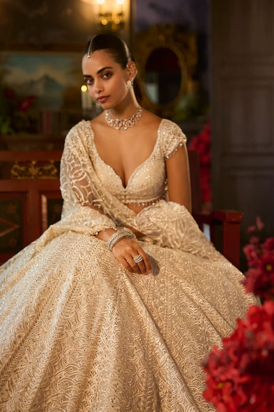 Seema Gujral - Ivory Crystal Lehenga Set