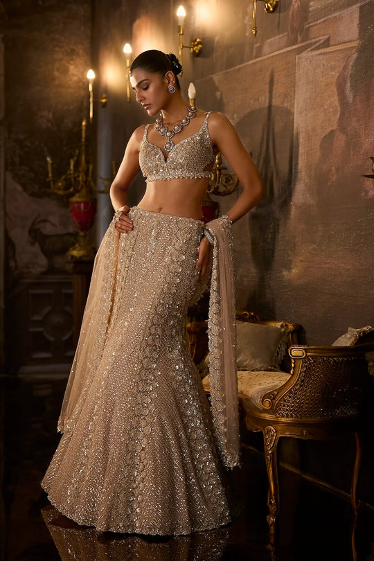 Seema Gujral - Champagne Fit &amp; Flare Skirt Set