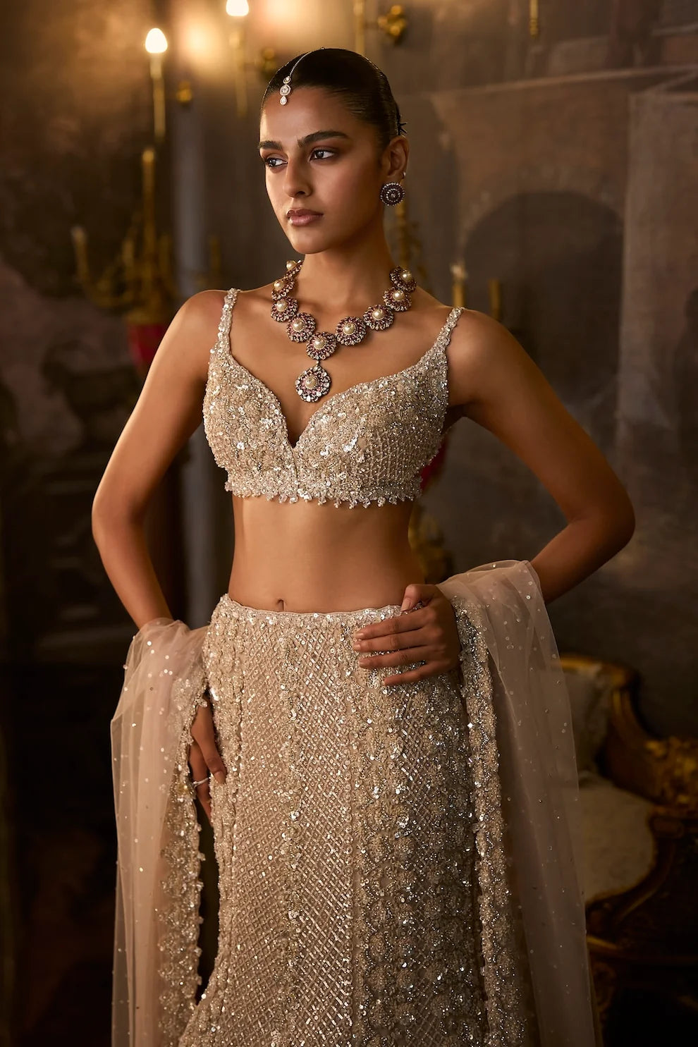 Seema Gujral - Champagne Fit &amp; Flare Skirt Set