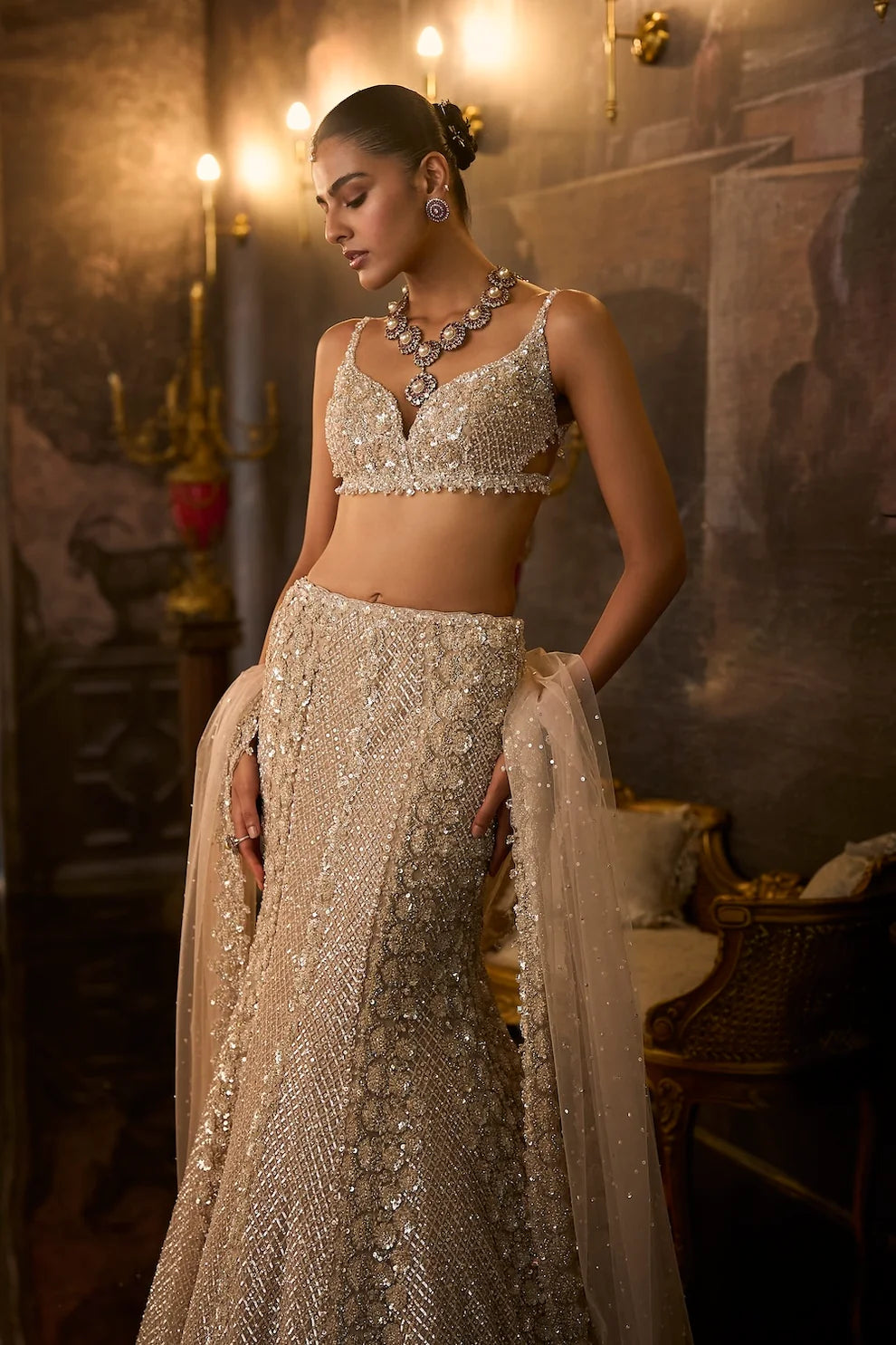 Seema Gujral - Champagne Fit &amp; Flare Skirt Set