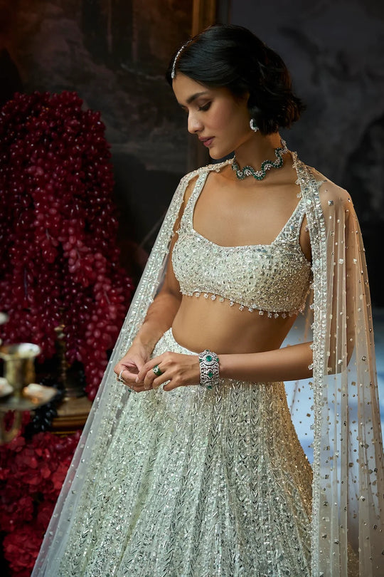 Seema Gujral - Milky White Sequin Lehenga Set