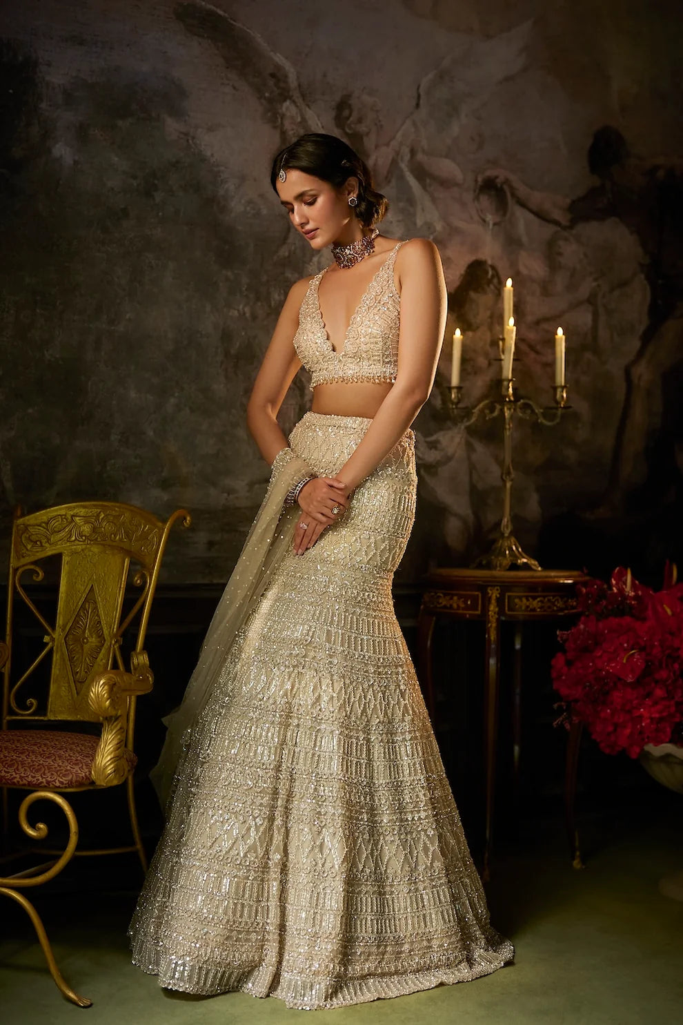 Seema Gujral - Champagne Nude Fit &amp; Flare Skirt Set