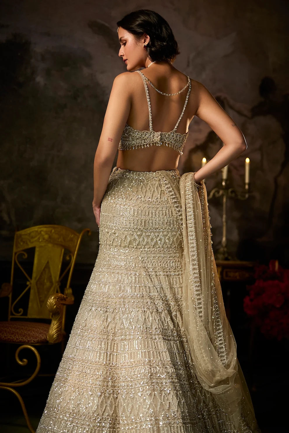 Seema Gujral - Champagne Nude Fit &amp; Flare Skirt Set