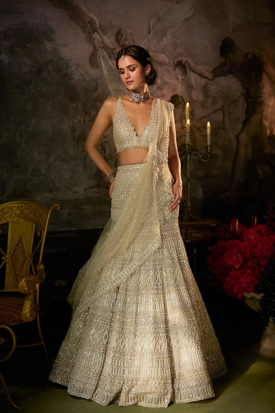 Seema Gujral - Champagne Nude Fit &amp; Flare Skirt Set