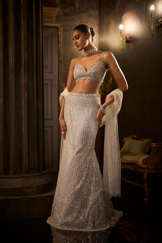 Seema Gujral - Silver Fit &amp; Flare Trail Skirt Set