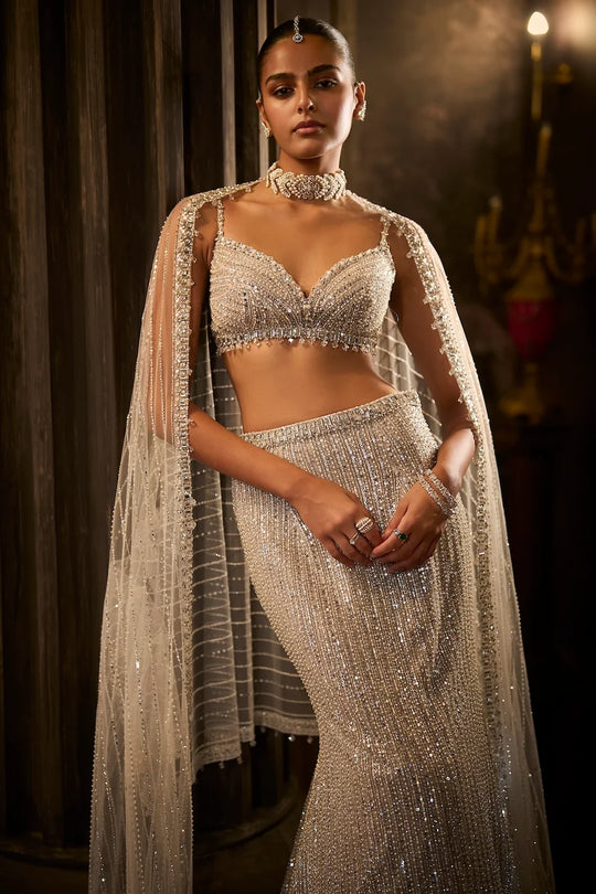 Seema Gujral - Silver Fit &amp; Flare Trail Skirt Set