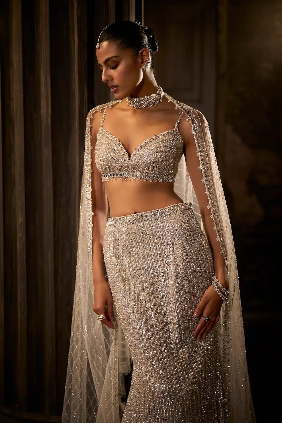 Seema Gujral - Silver Fit &amp; Flare Trail Skirt Set