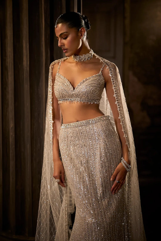 Seema Gujral - Silver Fit &amp; Flare Trail Skirt Set