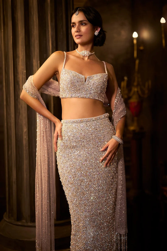 Seema Gujral - Silver Gold Crystal Skirt Set