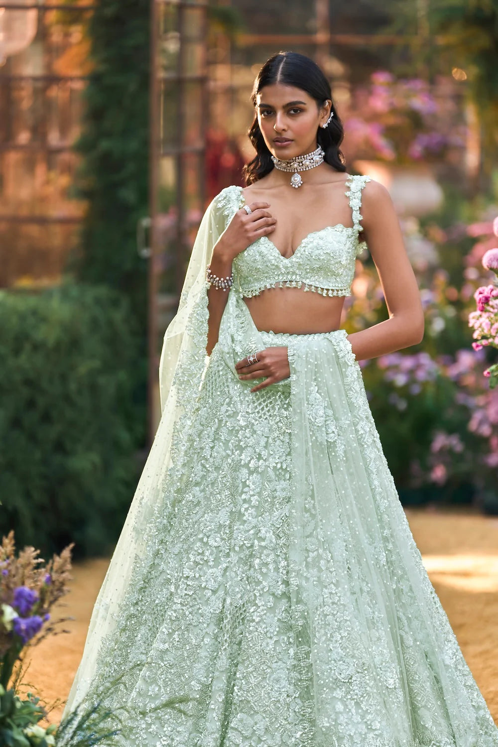 Seema Gujral - Soft Aqua Sequin Lehenga Set