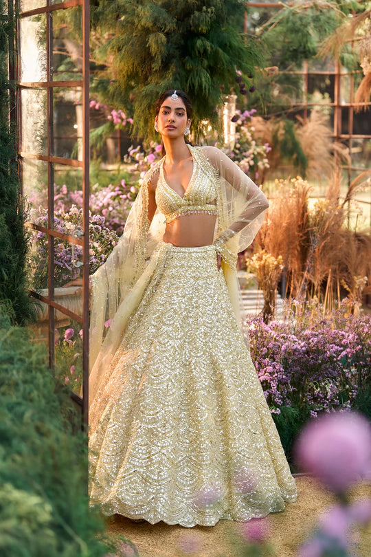 Seema Gujral - Lemon Yellow Sequin Lehenga Set