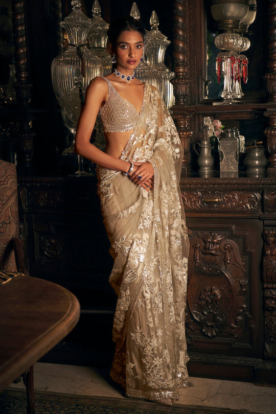 Seema Gujral - Nude Applique Saree