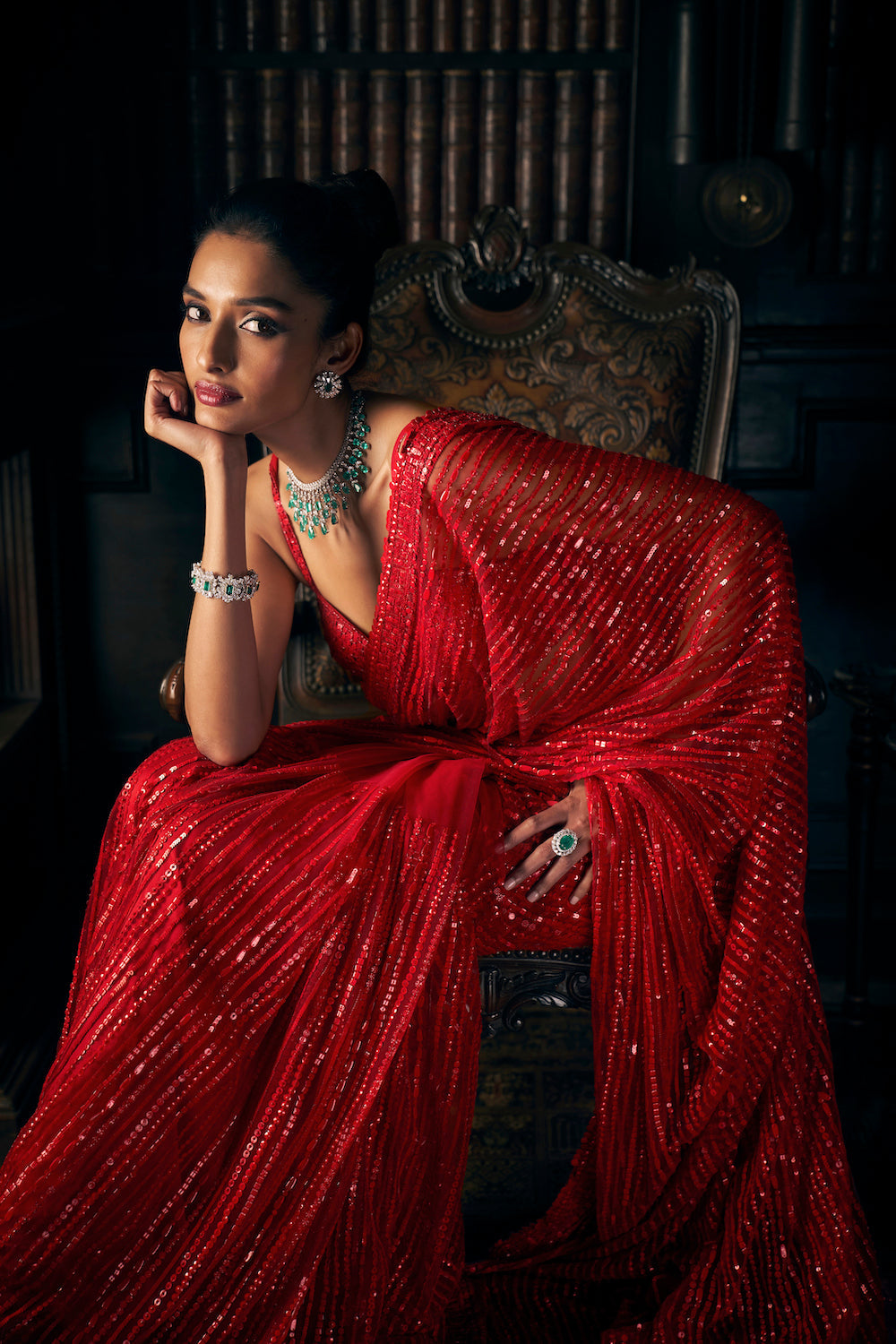 Seema Gujral - Red Sequin Net Saree