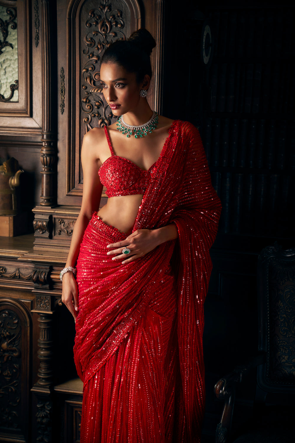 Seema Gujral - Red Sequin Net Saree