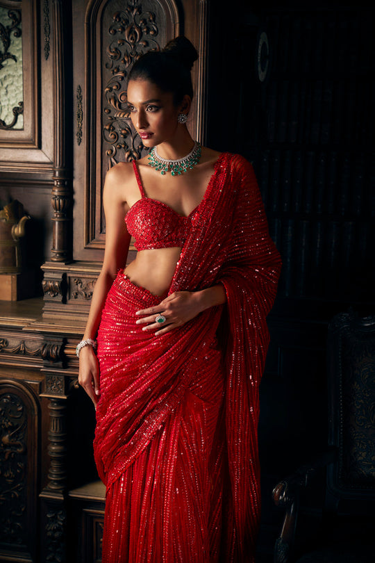 Seema Gujral - Red Sequin Net Saree