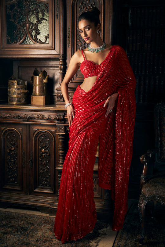 Seema Gujral - Red Sequin Net Saree
