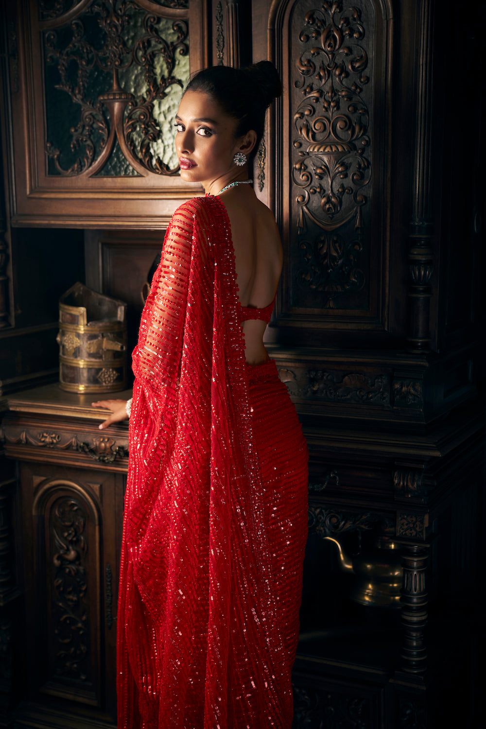 Seema Gujral - Red Sequin Net Saree