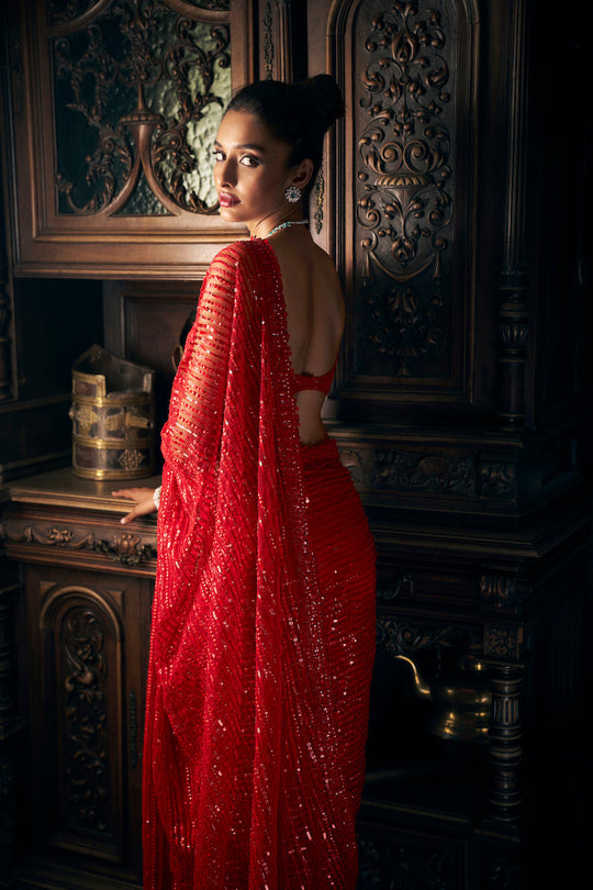 Seema Gujral - Red Sequin Net Saree