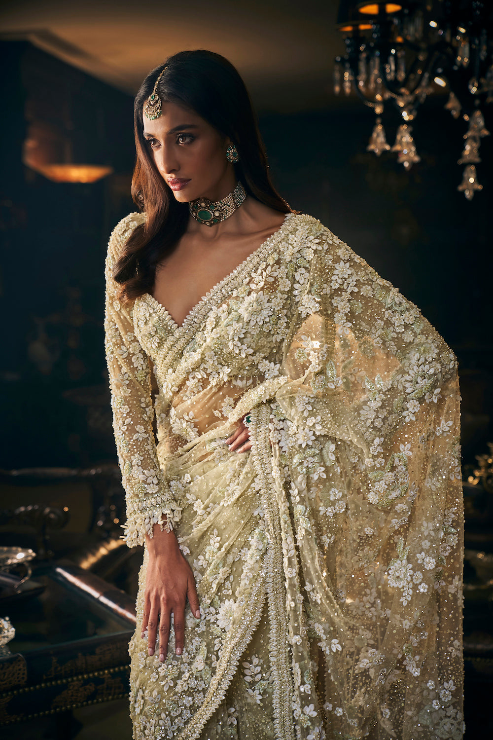 Seema Gujral - Sage Green Three-Dimensional Saree