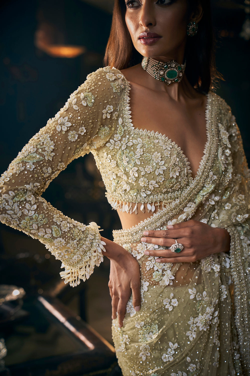 Seema Gujral - Sage Green Three-Dimensional Saree