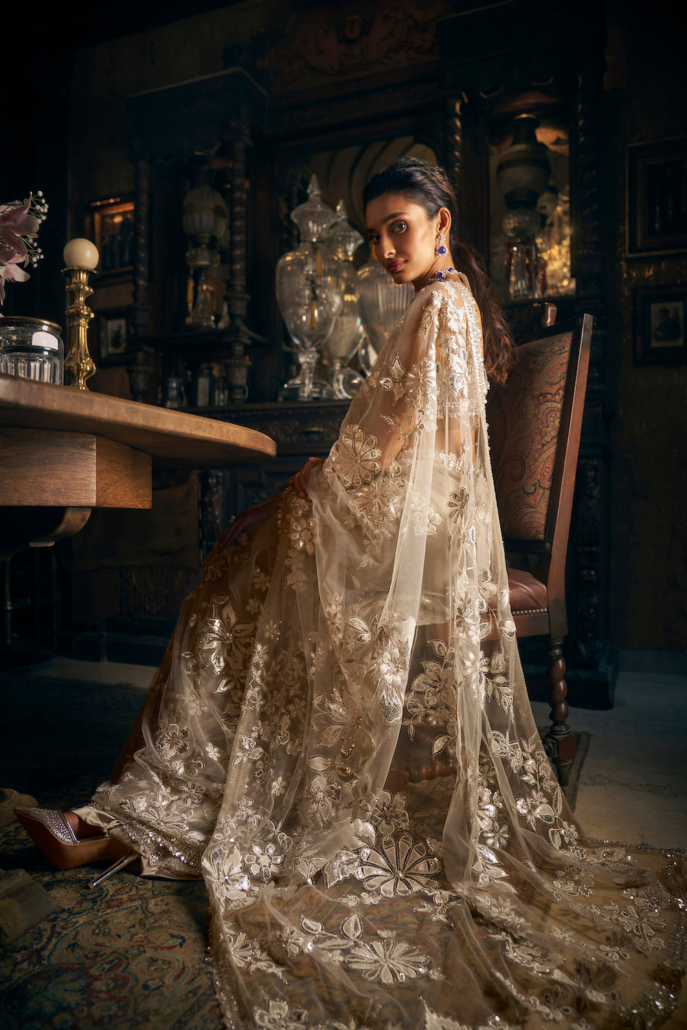 Seema Gujral - Nude Applique Saree