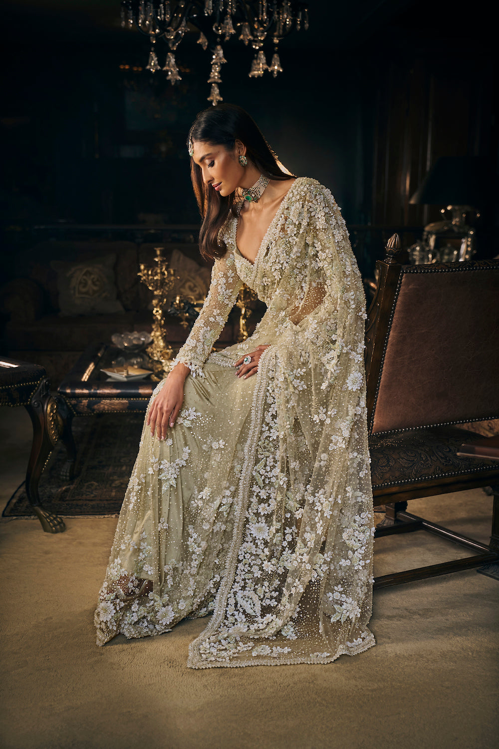 Seema Gujral - Sage Green Three-Dimensional Saree
