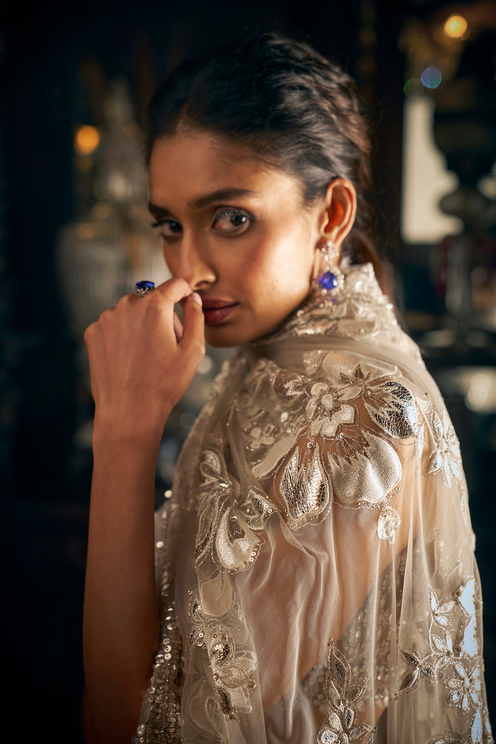 Seema Gujral - Nude Applique Saree