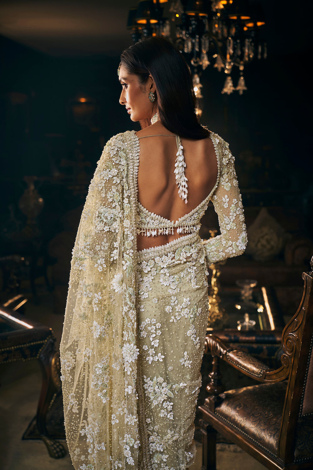Seema Gujral - Sage Green Three-Dimensional Saree
