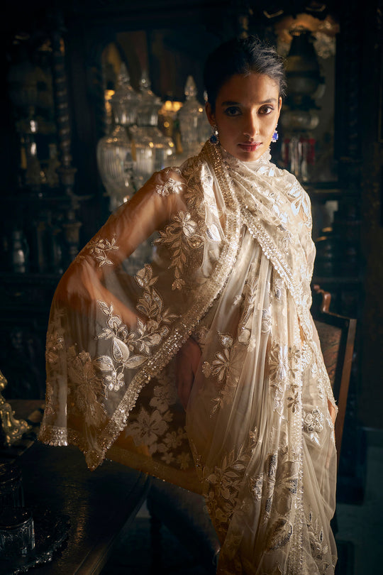 Seema Gujral - Nude Applique Saree