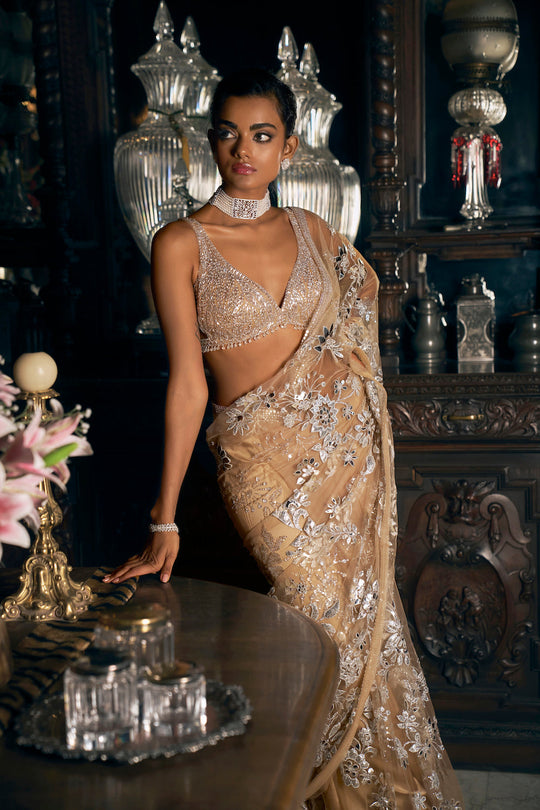 Seema Gujral - Nude Silver Applique Saree