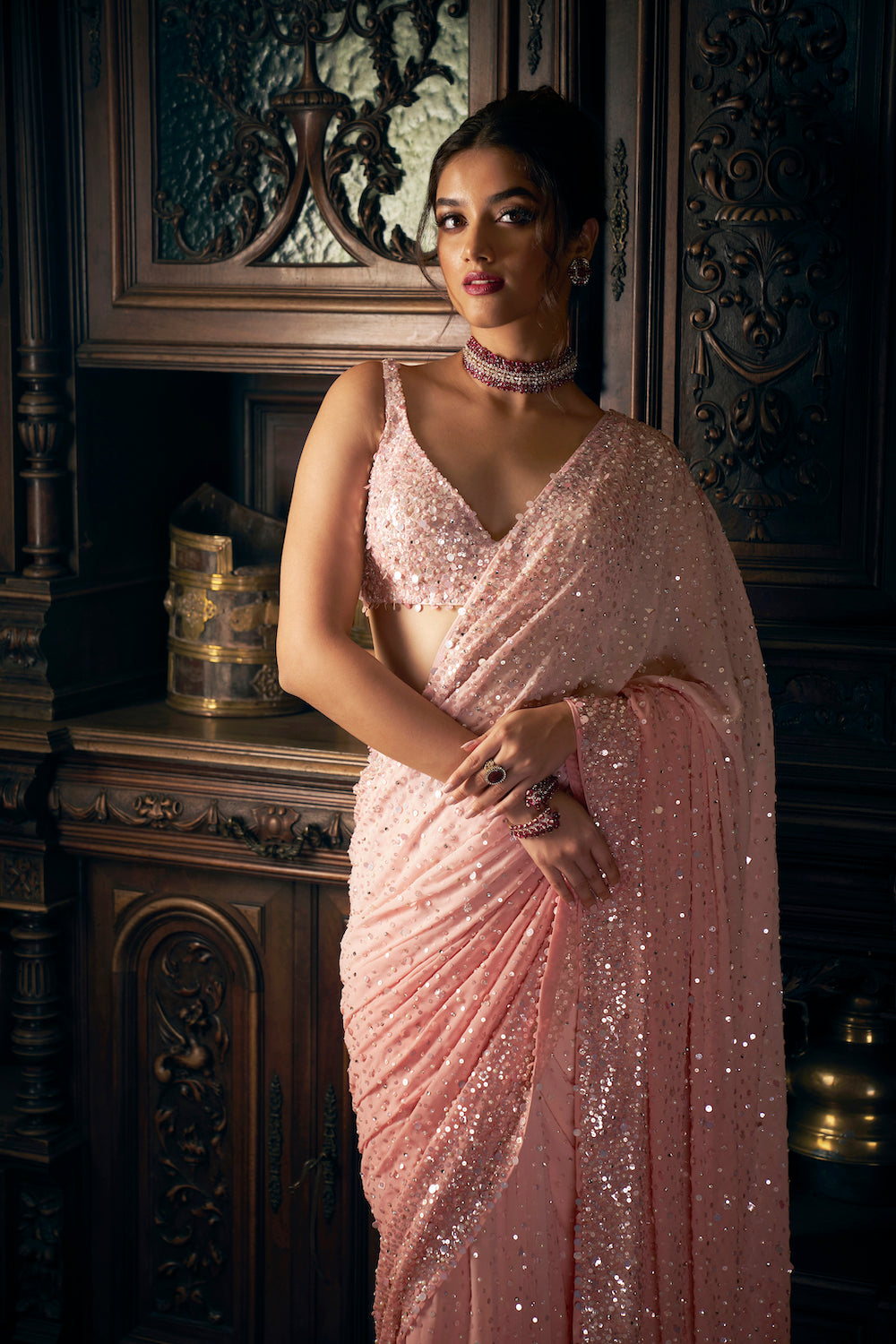 Seema Gujral - Pink Sequin Georgette Saree