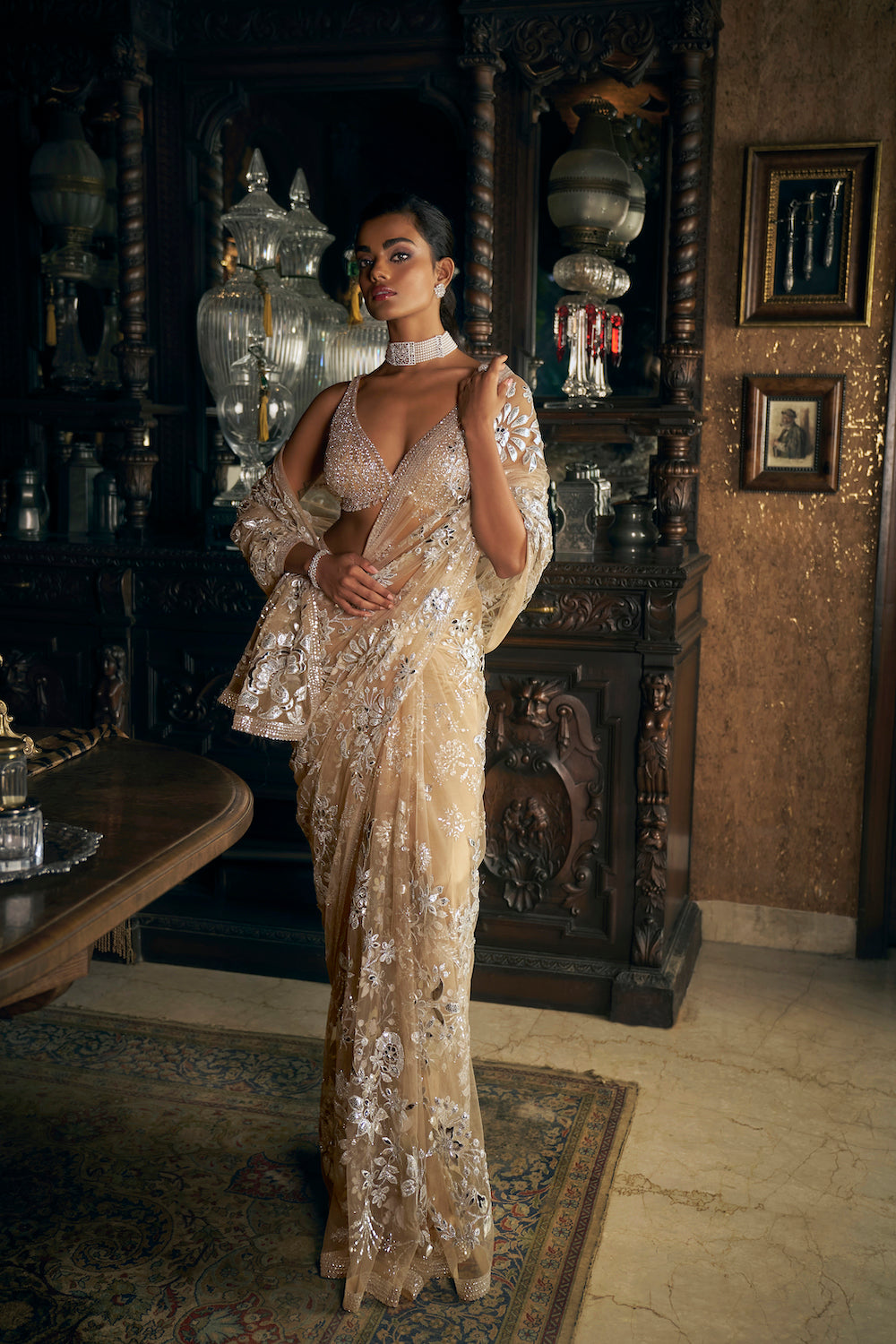 Seema Gujral - Nude Silver Applique Saree