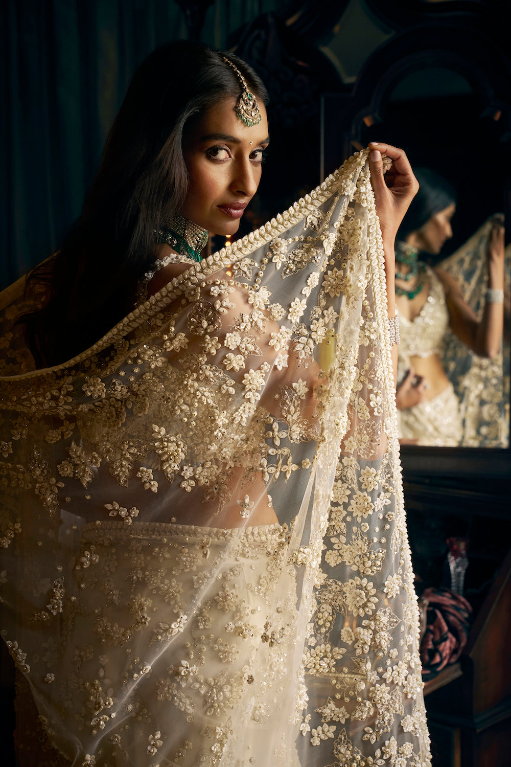 Seema Gujral - Ivory Three-dimensional Saree