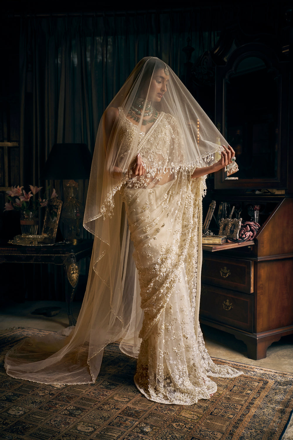 Seema Gujral - Ivory Three-dimensional Saree
